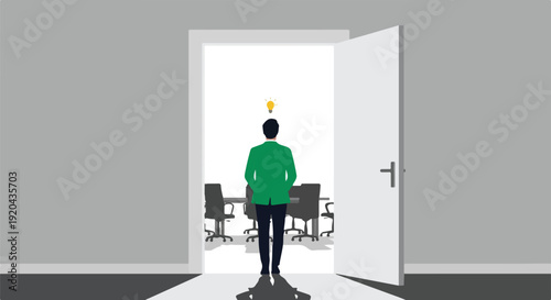 Businessman walking through an open door into a modern conference room with a bright idea lightbulb above his head