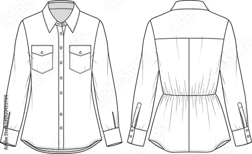 Technical Flat Sketch Vector Illustration of a Women Long Sleeve Button Down Utility Shirt with Chest Pockets and Elasticated Waistband