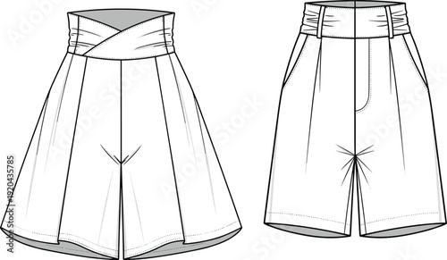 Technical Flat Sketch Vector Illustration of Women High Waisted Shorts Featuring Pleated Details Cross Over Waistband and Front Pocket Templates