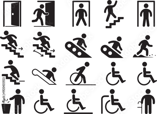 Collection of Black and White Pictogram Icons Depicting Human Actions and Accessibility Symbols Including Entering and Exiting Doors, Walking and Running on Stairs, Using Escalators, Riding Bicycles, 