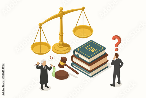 A vector graphic illustration of law and justice with a scale and books