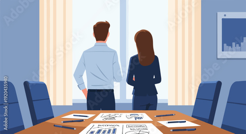 Two colleagues in a modern boardroom, looking out the window at the city, discussing business strategy with charts and diagrams on the table.
