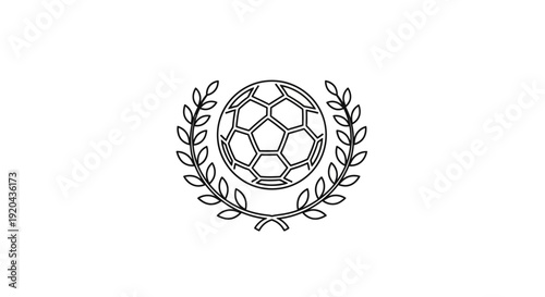 Soccer Football Ball with Laurel Wreath Line Art, Sports Championship Award, Victory Symbol, isolated white background