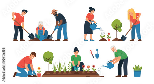 Diverse people are happily gardening planting and watering plants in a vibrant outdoor setting silhouette high quality professional detailed modern elegant