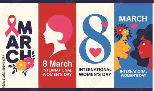 International Womens Day Poster with Ribbon and Silhouettes