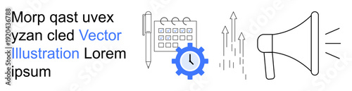 Marketing, productivity, planning, communication, workflow, goals achievement. a calendar, gear arrows pen and a megaphone. Marketing and productivity concepts clearly
