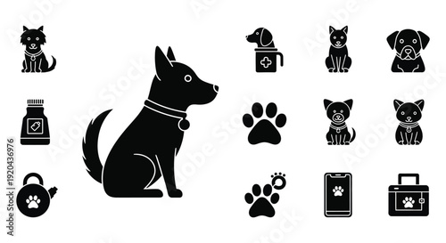 A collection of black dog and cat icons with related items presented in a stark graphic silhouette high quality professional detailed