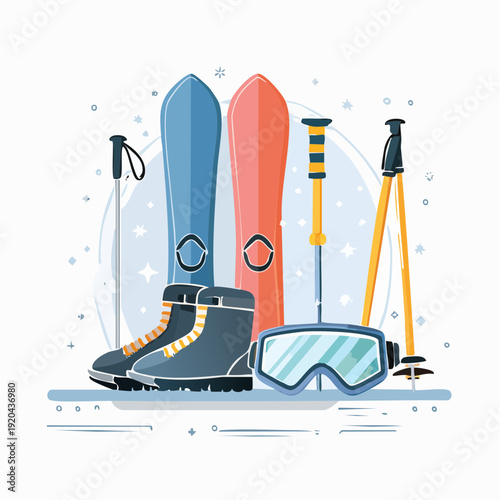 Winter sports equipment for skiing and snowboarding, including boots, goggles, and poles