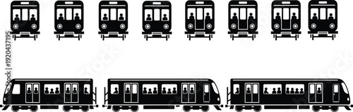 Subway train silhouette collection with passenger icons, urban metro transportation vector set, black isolated railway car illustration on white background minimalist style
