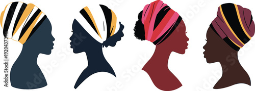 Beautiful African American Women Silhouette Profiles Wearing Colorful Traditional Headwraps Turban Vector Illustration Set Isolated on White Background for Fashion Design