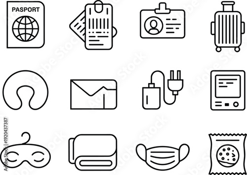 Travel essentials vector icons set, passport, boarding pass, luggage, neck pillow, wallet, adapter, tablet, sleep mask, blanket, face mask, snacks illustration