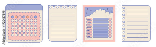 Cute Note papers and Calendar stickers for digital journaling or Planner. Kawaii purple style set