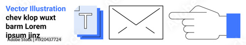 Digital communication, email services, messaging apps, document sharing, online correspondence, user interface. An envelope, document and pointing hand icon. Email services and messaging apps theme