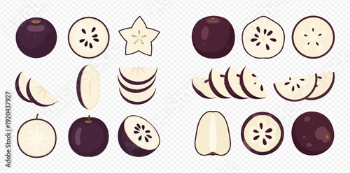 Set of star apple whole, half, and sliced illustrations.