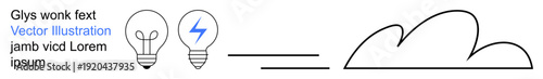Innovation, energy transformation, renewable resources, sustainability, brainstorming, creativity. Two lightbulbs linked by a line to a cloud-thumbs up shape. Energy transformation and innovation
