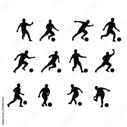 Collection of black silhouettes of soccer players in various poses kicking ball
