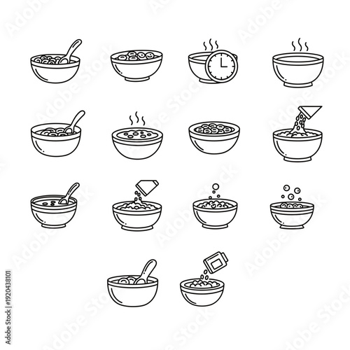 A set of black and white illustrations depicting various stages of preparing a bowl of cereal with milk
