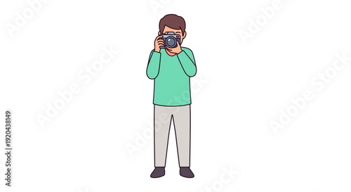 Man holding a camera and taking a photo, illustration of a person with a hobby