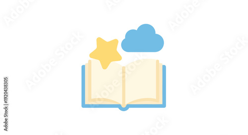 Open book with a yellow star and a blue cloud, representing dreams and imagination