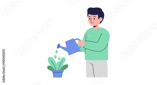Man Nurturing a Potted Plant with a Watering Can, Symbolizing Growth and Care in a Flat Vector Illustration