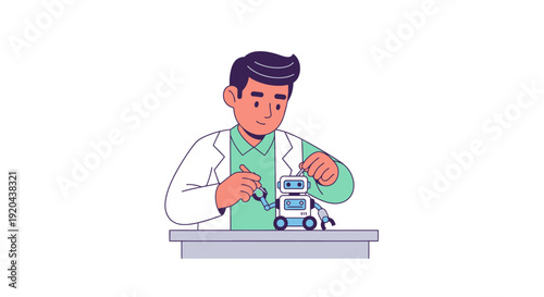 Young inventor with a robot on a table, illustrating innovation and future technology