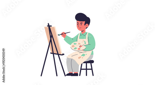 Artist painting on easel with palette and brush, creative hobby illustration