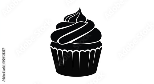 A striking black silhouette depicts a beautifully frosted cupcake showcasing intricate swirl details silhouette high quality professional detailed modern elegant stylish