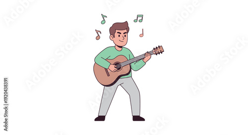 Joyful young man passionately playing acoustic guitar, creating beautiful melodies and expressing musical talent with enthusiasm and vibrant energy