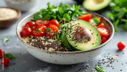 Wallpaper Mural vibrant superfood bowl with quinoa, avocado slices, cherry tomatoes, leafy greens and seeds arranged in refined composition on light stone surface Torontodigital.ca