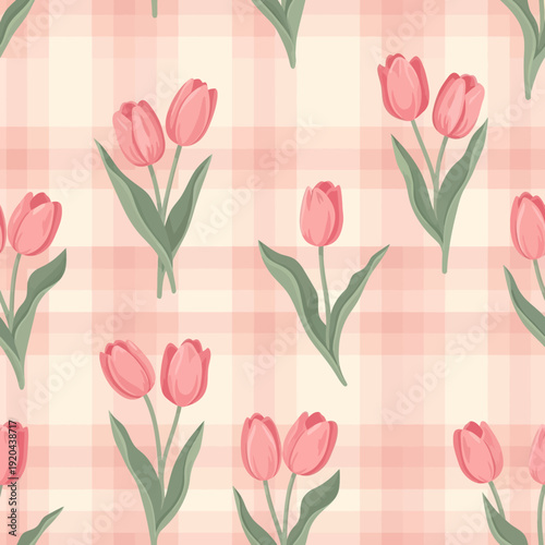 Pink Tulip Pattern on Plaid Background 1.