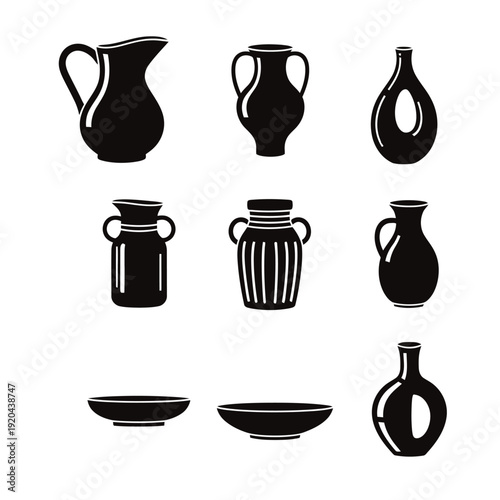 Collection of various black silhouette jugs and bowls