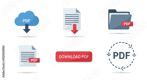 PDF Download Icons Set: Cloud, File, Folder, Button