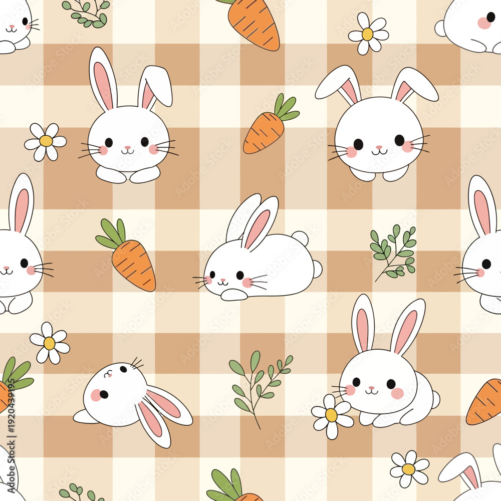 Fototapeta premium Adorable Cartoon Rabbits on Checkered Background.