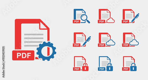 PDF File Icons Set: Document Management and Settings