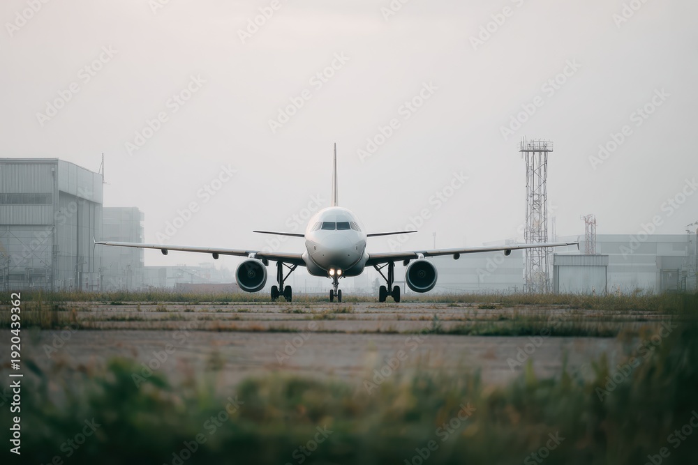 Naklejka premium Editorial image of a parked commercial aircraft viewed from the front on a foggy runway with airport buildings and towers faintly visible in background