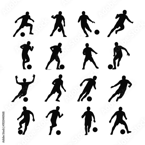 Collection of black silhouette soccer player icons in various poses kicking ball