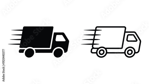 fast delivery truck icon set with solid and outline style courier vehicle symbol with speed motion lines for shipping logistics service