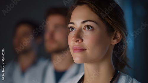 Wallpaper Mural A focused female medical professional looks intently upwards in a dimly lit environment with colleagues blurred in the background Torontodigital.ca
