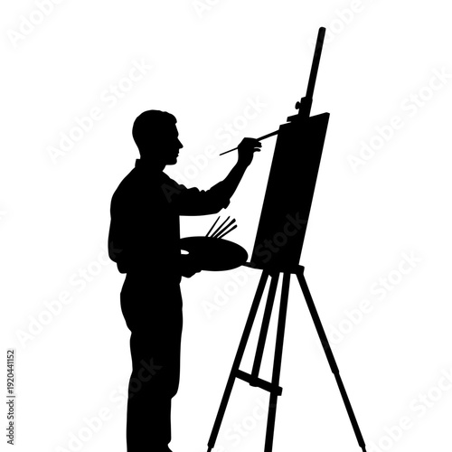Artist painting on canvas with brush and palette
