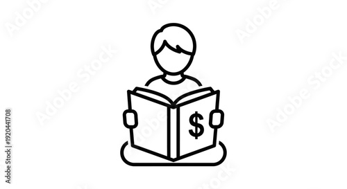 Outline icon of a man reading an open book with a dollar sign, representing financial learning and money management, on an isolated white background.