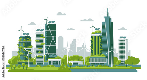 Modern green city skyline with sustainable buildings, wind turbines, and solar panels, illustrating eco-friendly urban development under a bright sky.