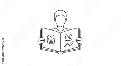 Outline icon of a man reading an open book featuring dollar signs and percentage charts, symbolizing financial education and literacy, on an isolated white background.