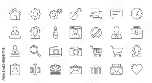 Comprehensive set of essential user interface (UI) line icons, including home, settings, profile, camera, and shopping cart, on an isolated white background, for web and app design.
