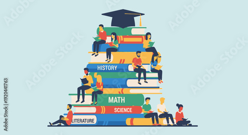 Diverse students sitting and reading on a tall stack of books, wearing graduation caps, symbolizing education, knowledge, and success in a bright studio.