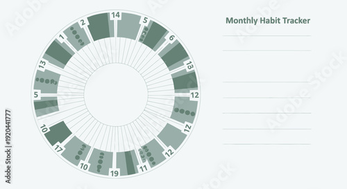 Monthly Habit Tracker template with a detailed circular progress chart and spaces for notes, on a light background, promoting consistency and personal growth.