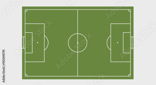 Top view of a soccer football field or pitch in a stadium, green grass and white lines, ready for game.