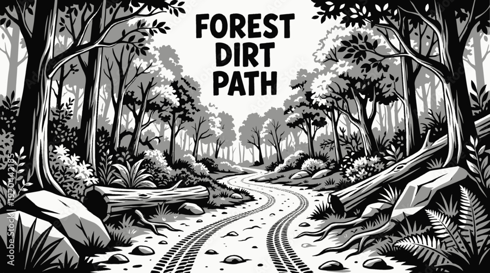 Obraz premium forest dirt path road landscape nature outdoor travel countryside trail horizon rural environment scenic journey black and white vector illustration