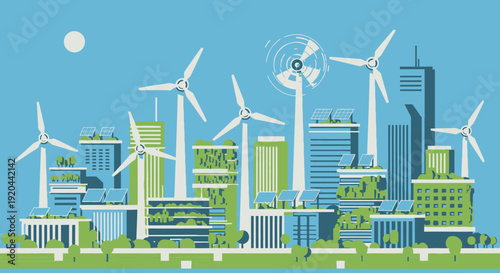 A vibrant illustration of a sustainable city skyline with wind turbines, green buildings, and solar panels under a clear blue sky, symbolizing eco-friendly urban development.
