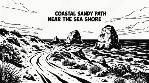coastal sandy dirt road path landscape nature outdoor travel countryside trail horizon rural environment scenic sea journey vector illustration