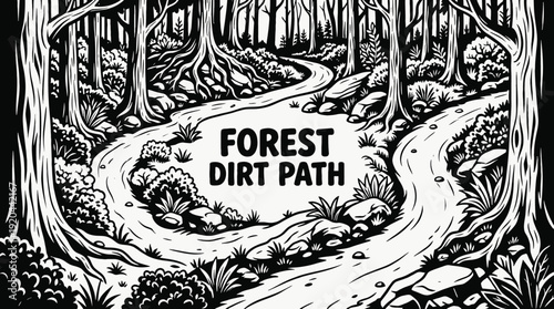 forest dirt path road landscape nature outdoor travel countryside trail horizon rural environment scenic journey black and white vector illustration